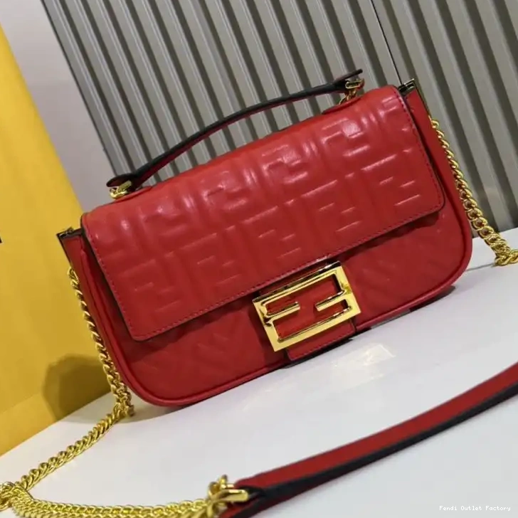HOT Motif Red Midi Nappa Baguette FF Fendi Bag Leather Chain In 0426